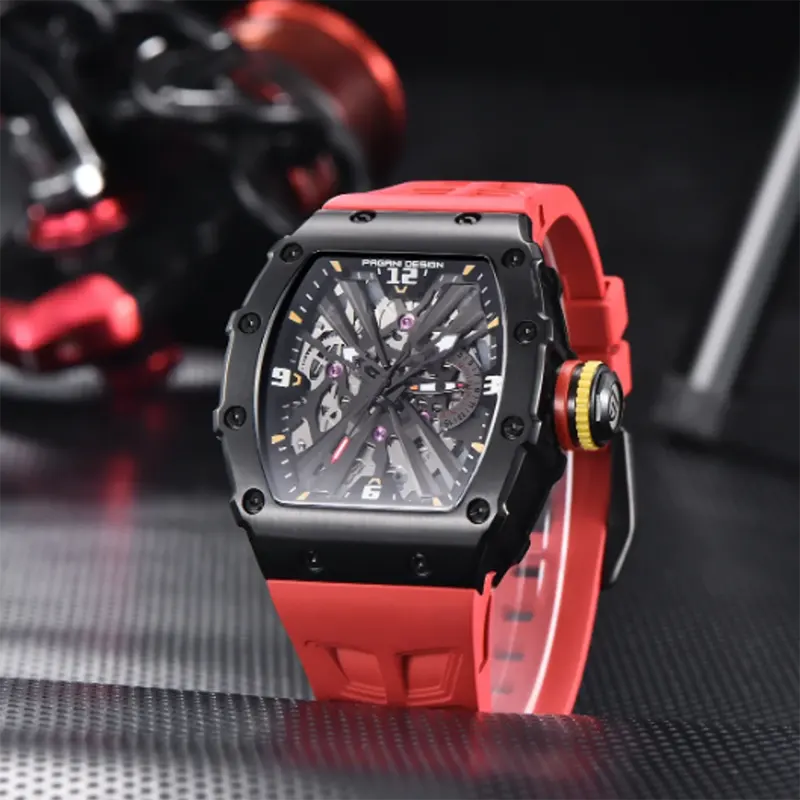 Pagani Design Black Skeleton Dial Red Strap Men's Watch-  PD-1738